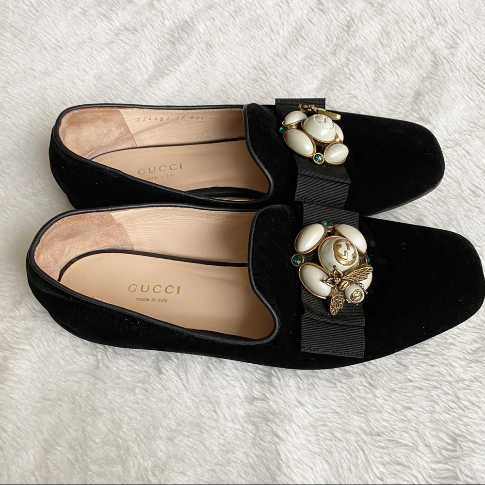 Gucci Black Velvet Jewel-Embellished Loafers - Picture 4 of 16